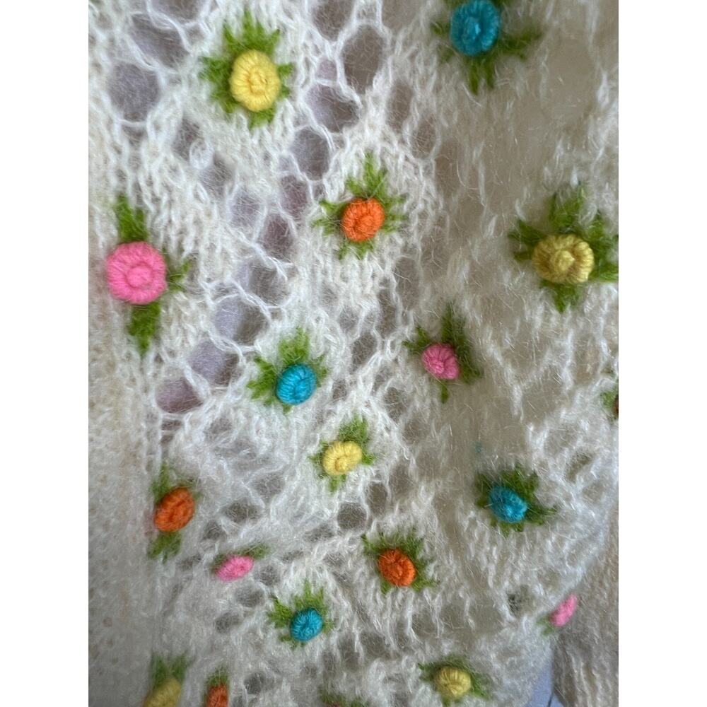 1950s Cream Knitted Crochet Colorful Pom Pom Floral 3D Wool Cardigan Medium - Picture 9 of 10